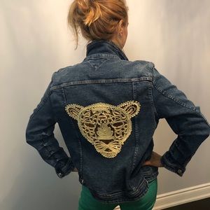 Women's One of a Kind Blue Jean Jacket with Gold Embroidery